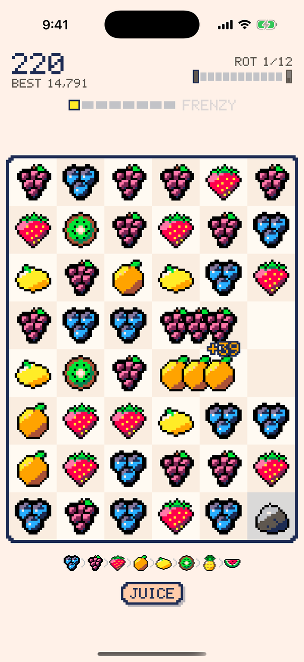 A board of pixel-art fruit mid-cascade, with two lines merging and a score popping up