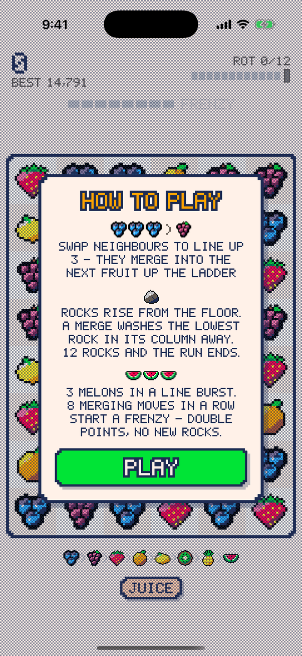 The How to Play card explaining merging, rising rocks and Frenzy